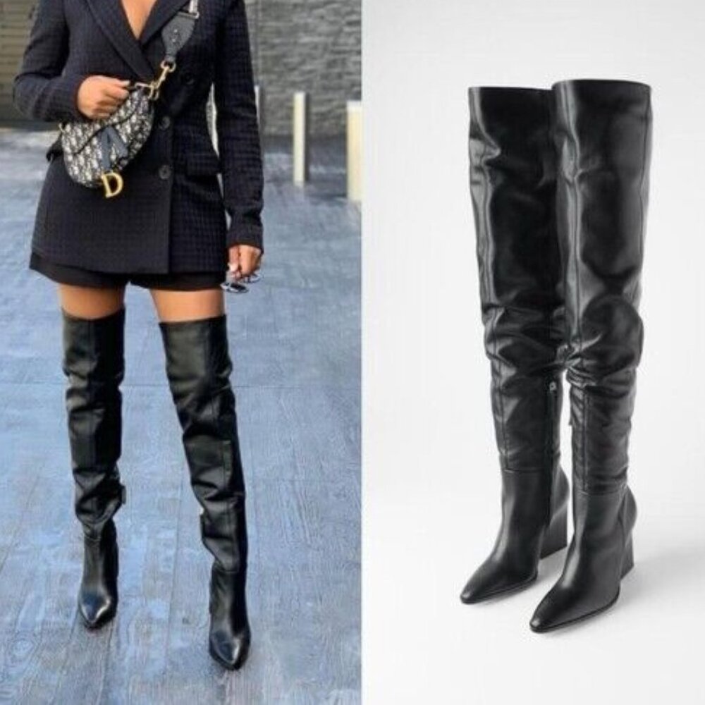 ZARA Black Leather Geometric Thigh High Heels